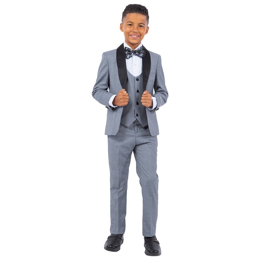 Stacy Adams Boys Mid Gray Tuxedo Set, 5-Piece Black Shawl Collar - Picture 5 of 5